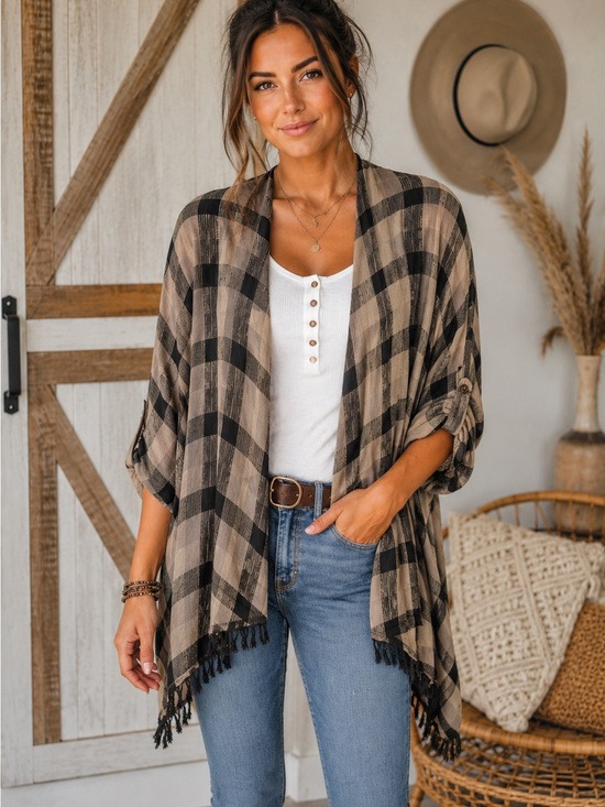 Knox Rose Other - Knox Rose Plaid Frayed Hem Open Front Cardigan Kimono Top Size L A15